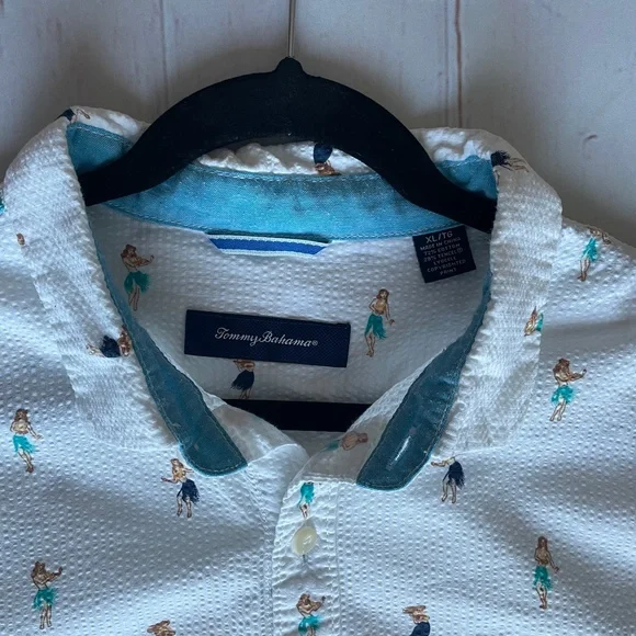 Tommy Bahama Mens XL White Hu-La-La Camp Shirt Dancing Hula Girls Seersucker - Picture 2 of 4